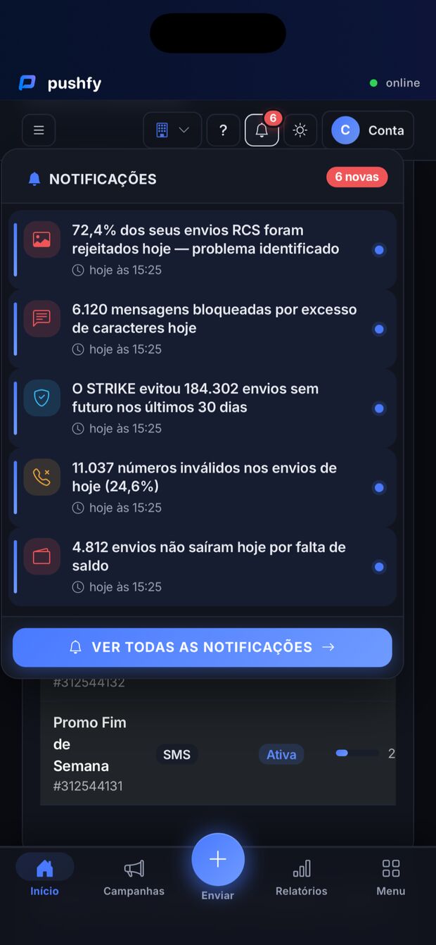 Tela do app da Pushfy: central de notificações
