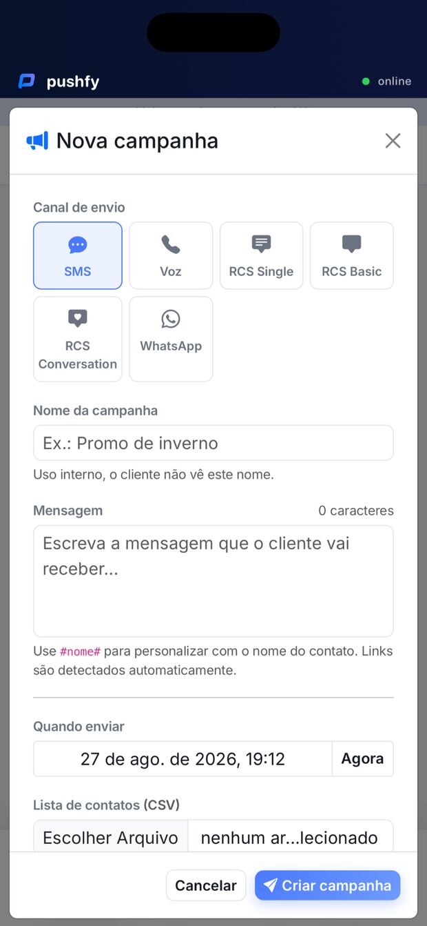 Tela do app da Pushfy: nova campanha, seis canais