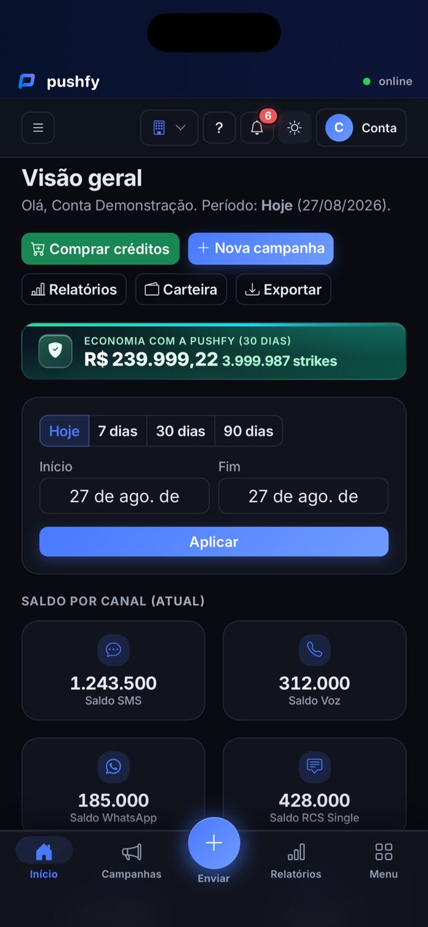 Tela inicial do app da Pushfy com a visão geral da conta e o saldo de cada canal