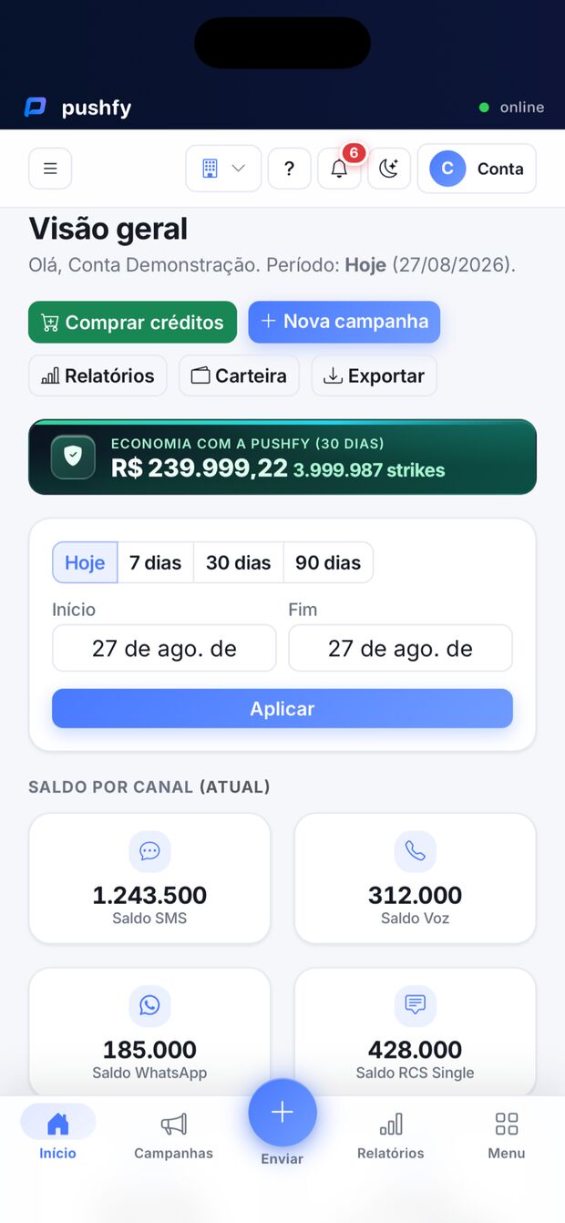 Tela do app da Pushfy: visão geral, tema claro